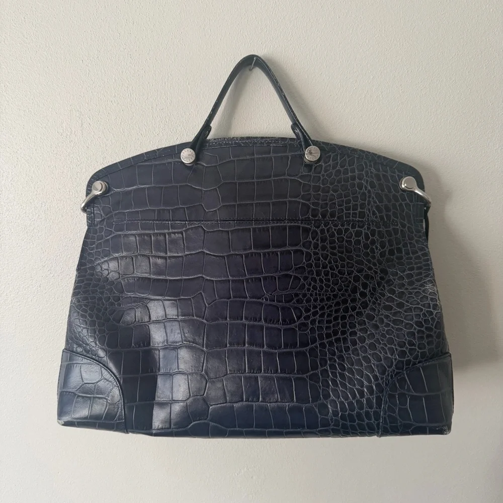 Furla Rich Blue Piper Sachel Crocodile Embossed Handbag silver hardware